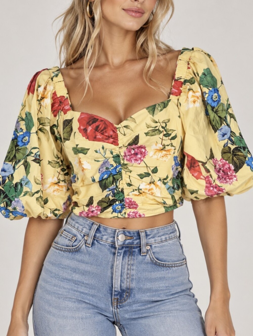 Express Yellow Crop Floral Smocked Back Top Cottagecore Milkmaid Size Small
